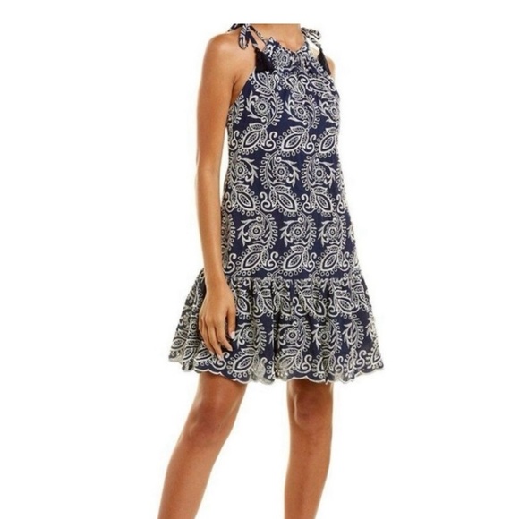 Taylor Navy Blue & White Paisley Embroidered  flounce hem spaghetti straps - Picture 1 of 14
